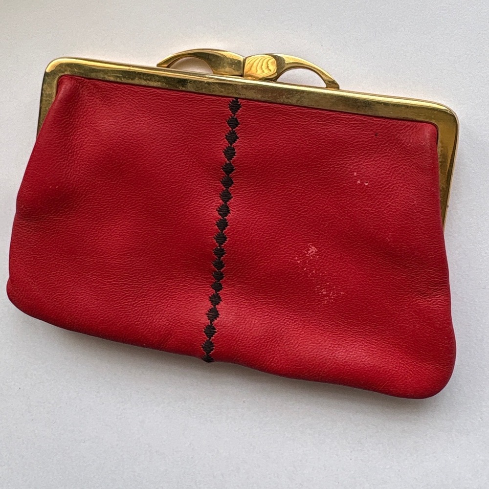 Loewe Vintage Red Leather Coin Purse Kiss Lock Gold Frame Made in Spain
